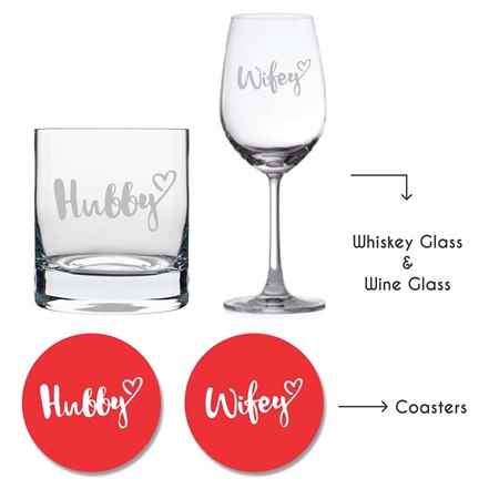 Sip the sweetness of love in the-Engraved Hubby-Wifey Set of Glasses and Coasters